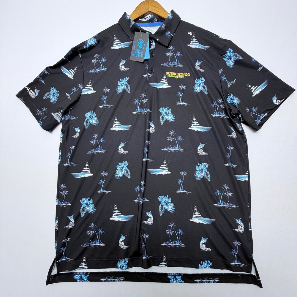 Scales Gear Mens Sporty Fishing Polo Shirt Black Tropical Marlin Yacht XL NWT
